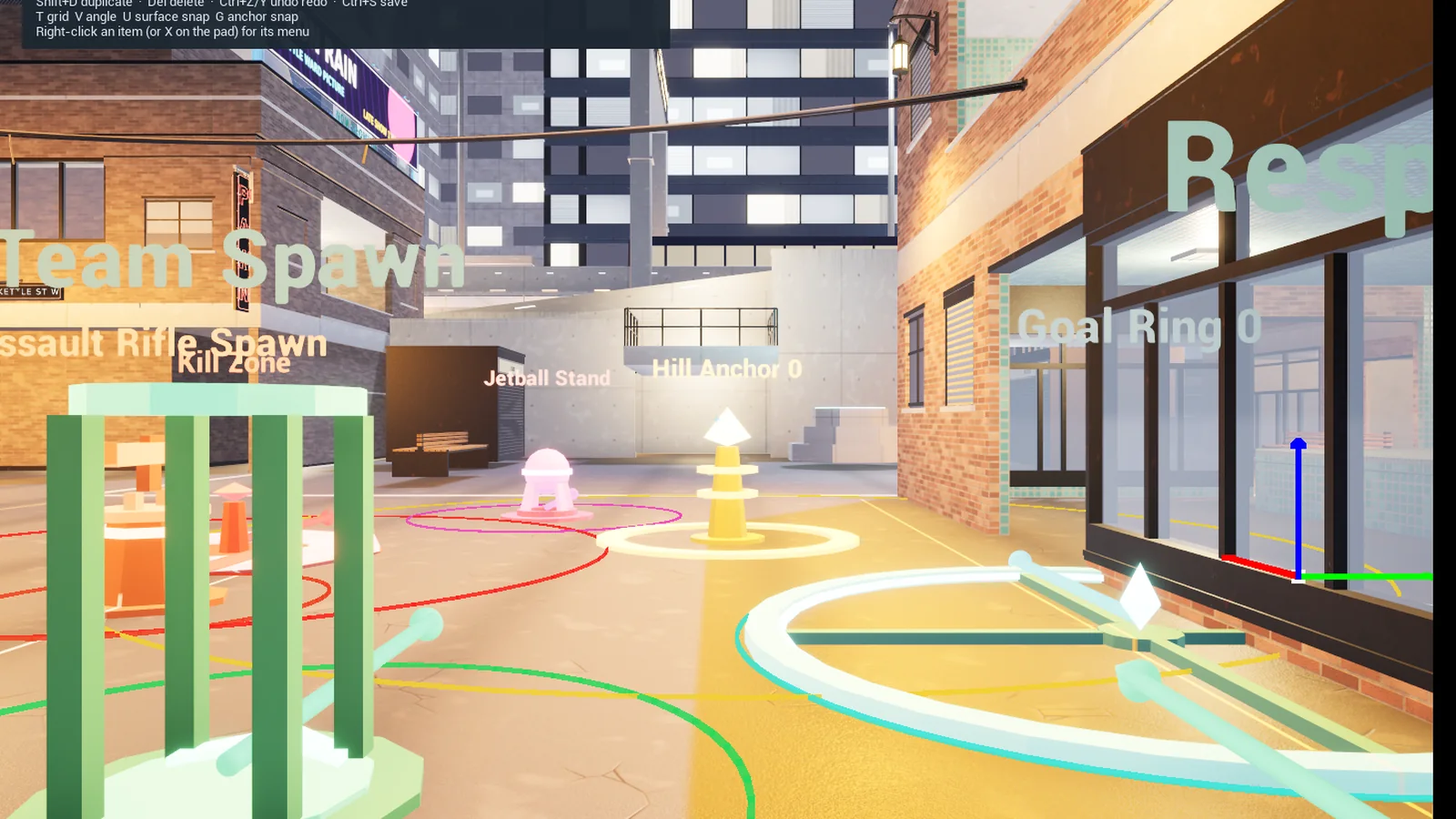 Team spawn, kill zone, weapon stand, hill, ball stand, goal ring and flag stand in a street