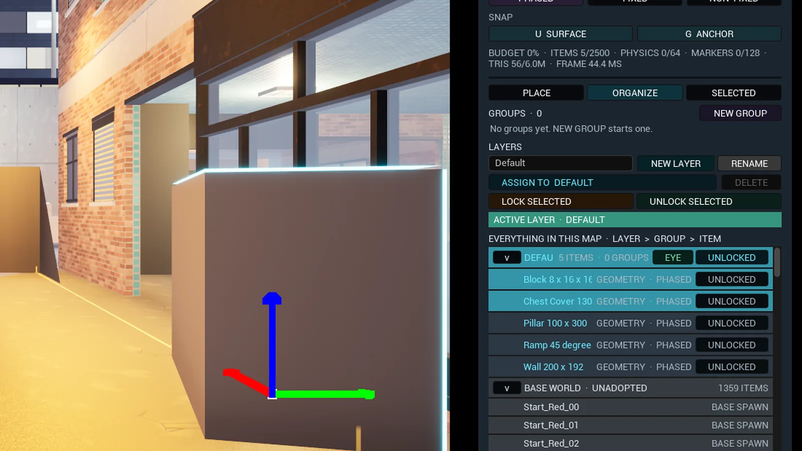 The ORGANIZE tab, layer, items and the base world