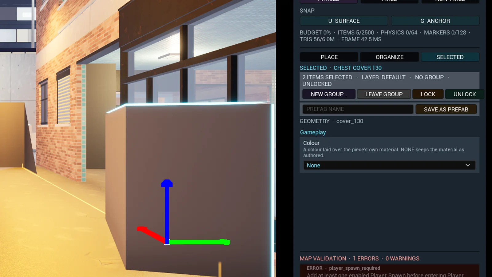 The SELECTED tab with a prefab name and SAVE AS PREFAB