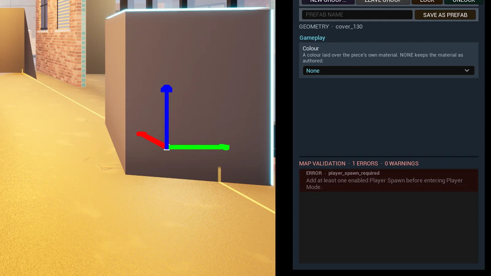 MAP VALIDATION with one error, a missing player spawn